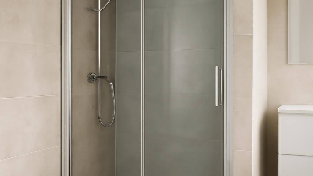 מקלחון עם דלת חזית הזזה מעוצבת, עומד בחדר אמבטיה מודרני